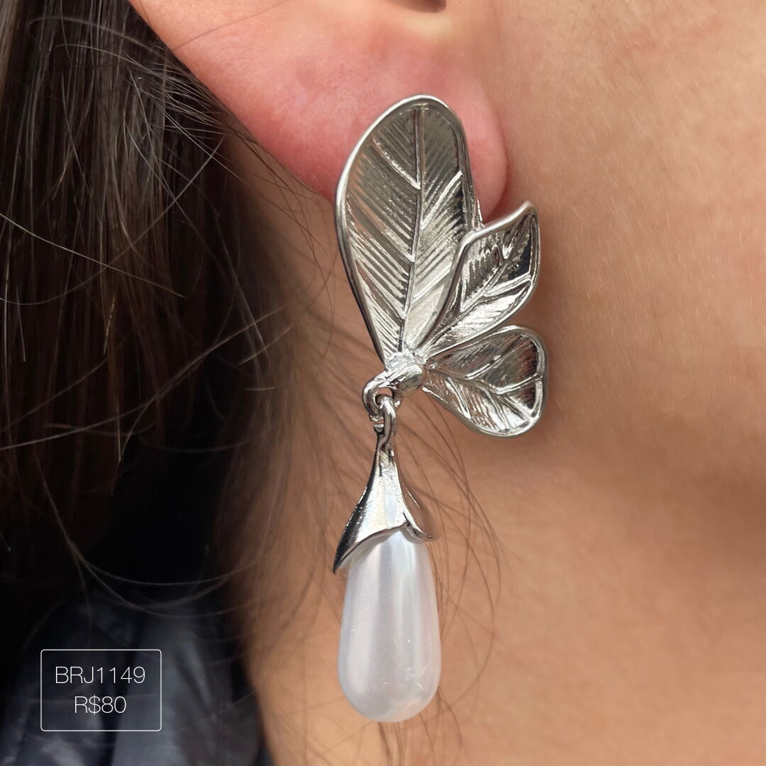 Brinco Folha c/ 1 Gota de Pérola Liso Prateado